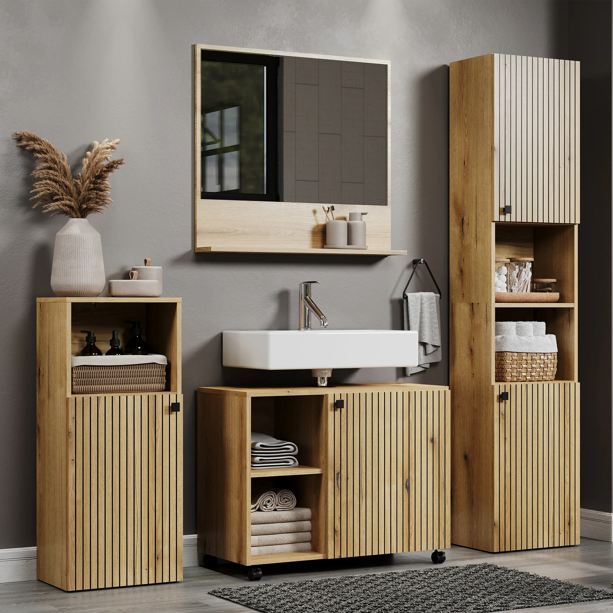 PURE BLISS Set mobilier baie, coloană 2 uși, mască lavoar, oglindă, dulap baie - Image 5