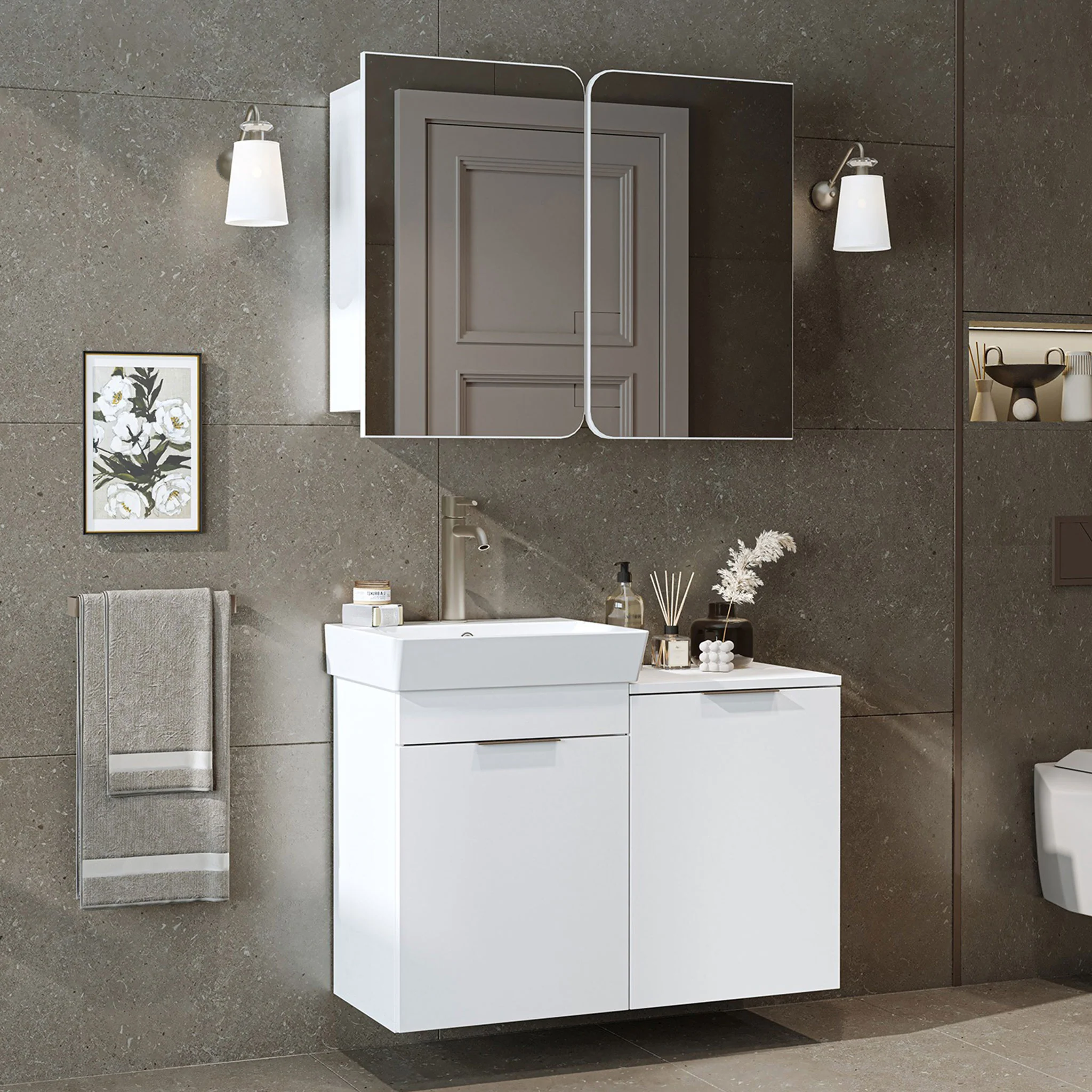 DUBAI Set mobilier baie, mască lavoar, lavoar ceramică și dulap baie suspendat cu oglindă - Image 3