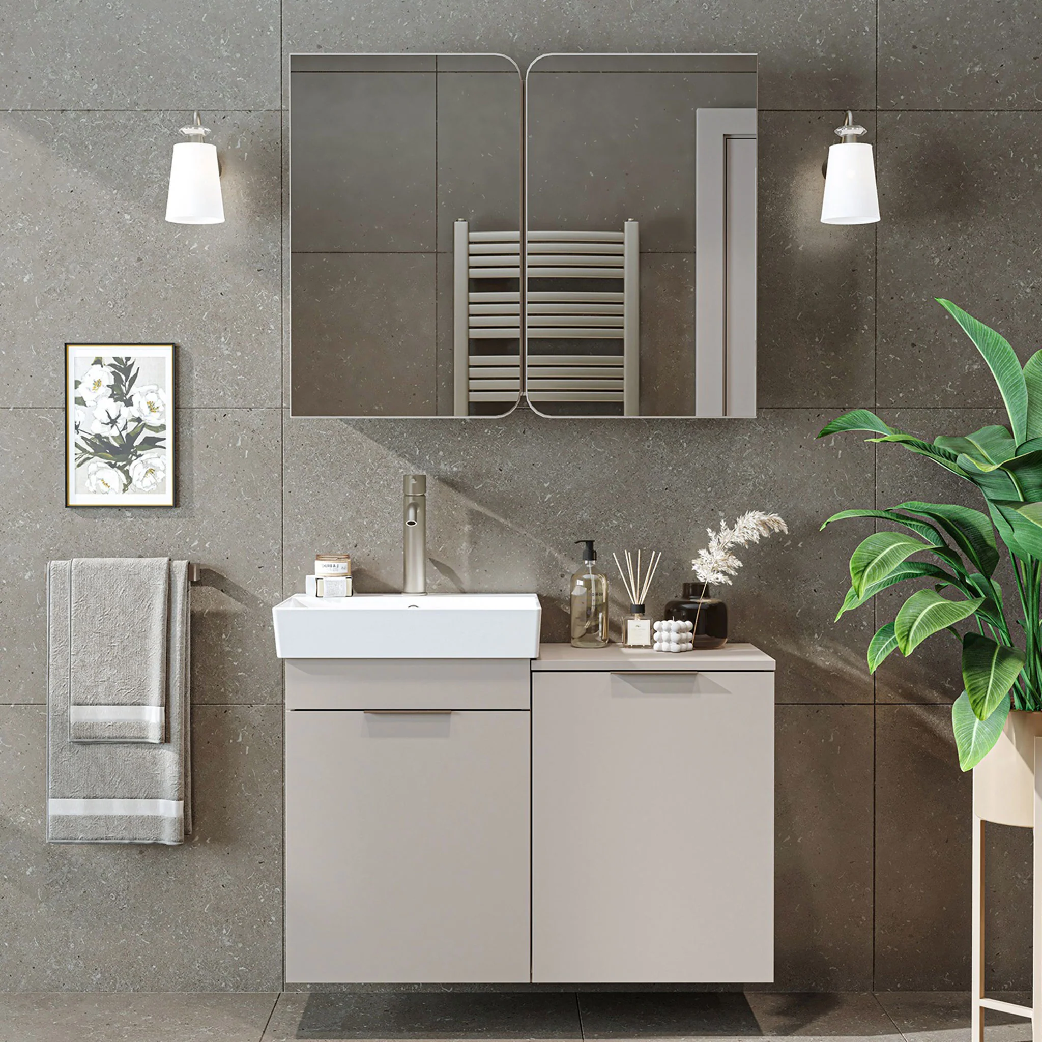DUBAI Set mobilier baie, mască lavoar, lavoar ceramică și dulap baie suspendat cu oglindă - Image 6