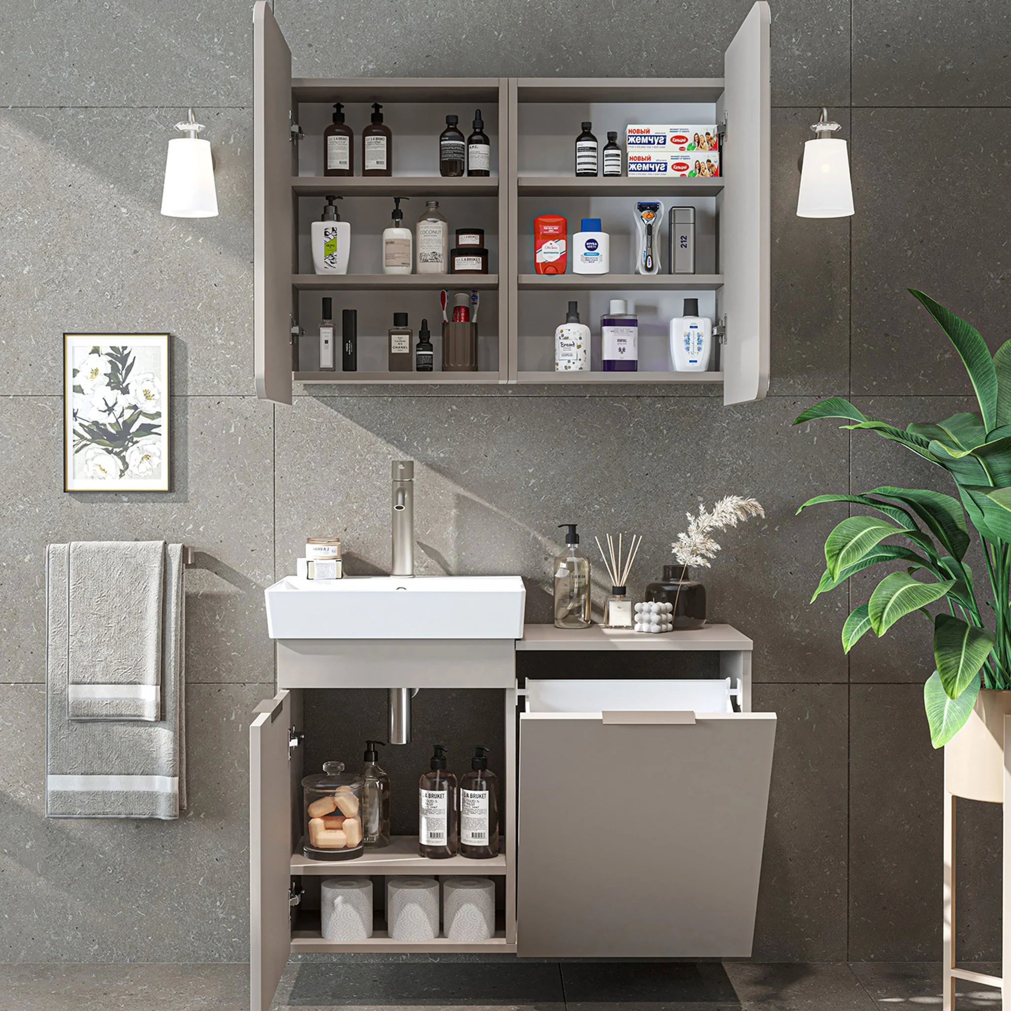 DUBAI Set mobilier baie, mască lavoar, lavoar ceramică și dulap baie suspendat cu oglindă - Image 7