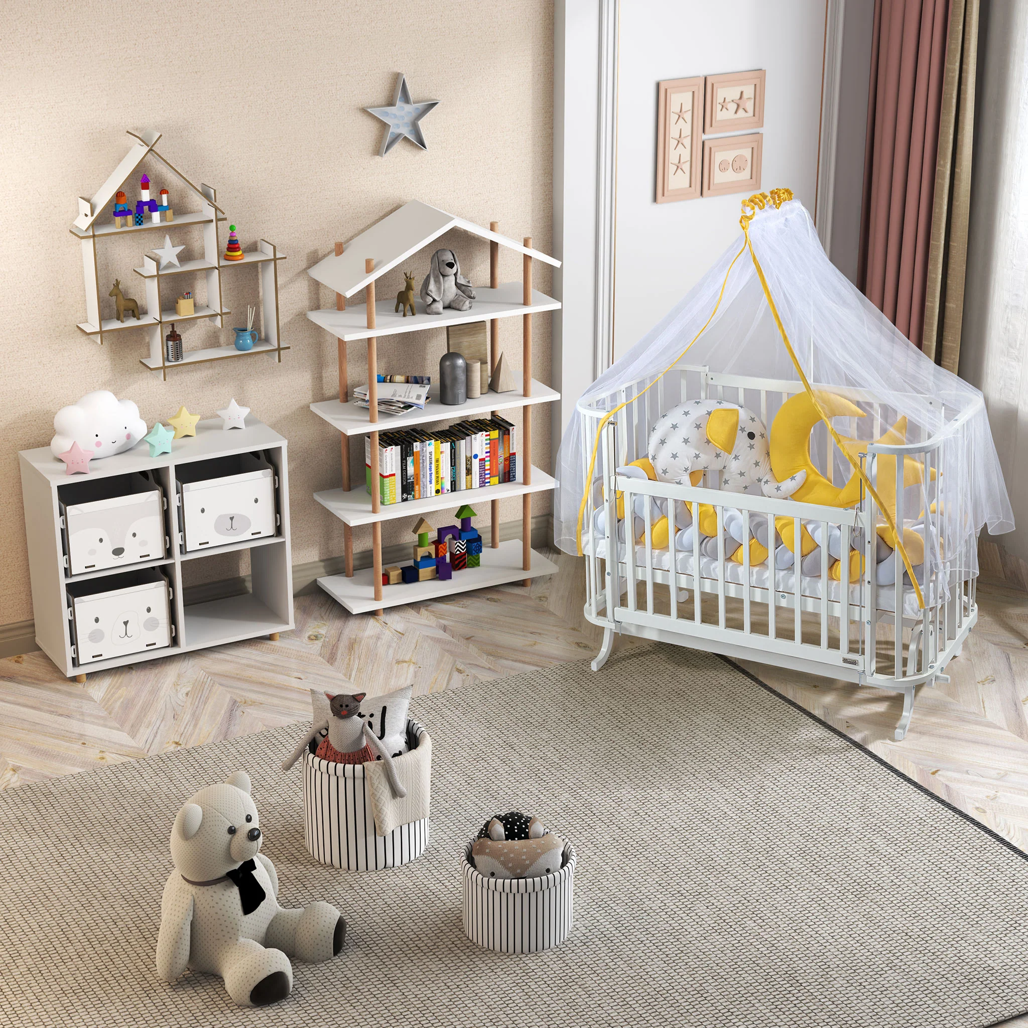 MIRABELLE Pat bebe, 60x120cm, saltea, așternut și baldachin incluse