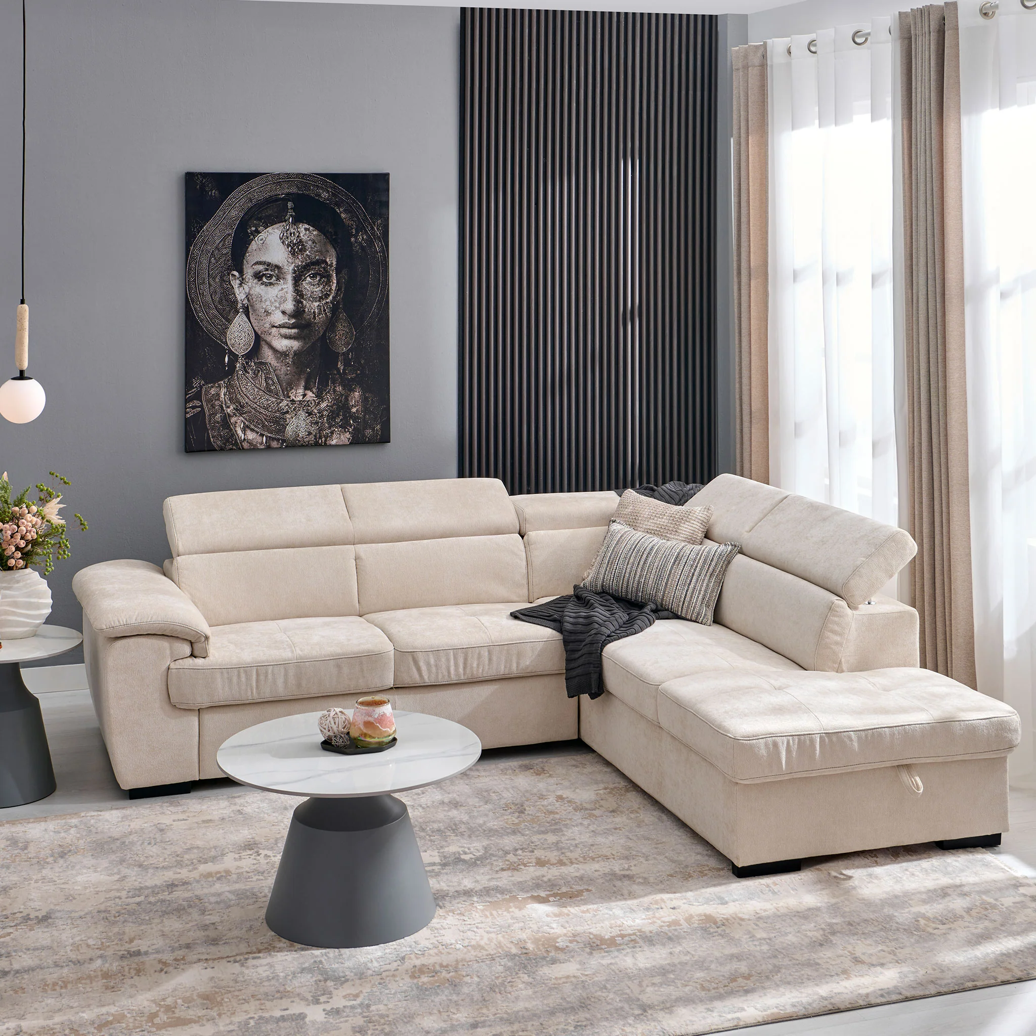 DENISE Colțar extensibil, șezlong stânga/dreapta, ladă depozitare inclusă, stofă - Image 17