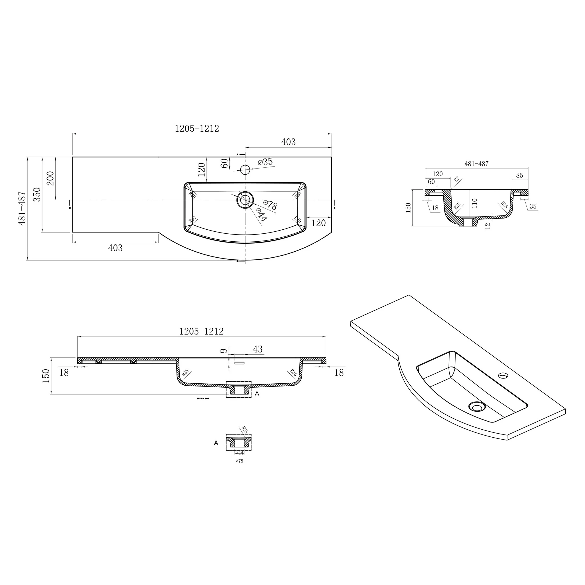 LAURENCE Lavoar asimetric dreapta, compozit - Image 8