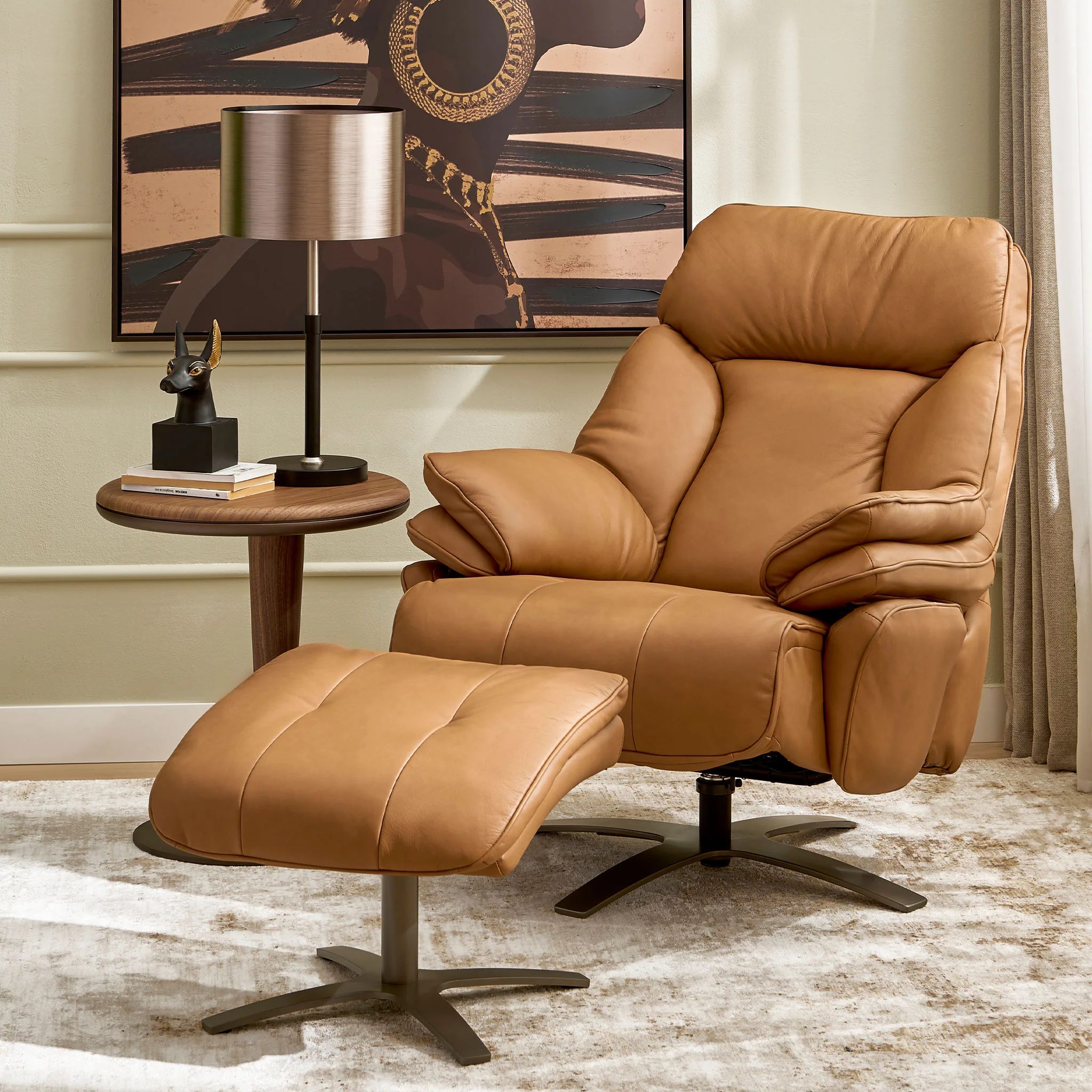 BRANSON Set fotoliu rotativ, recliner electric și taburet, piele naturală - Image 2
